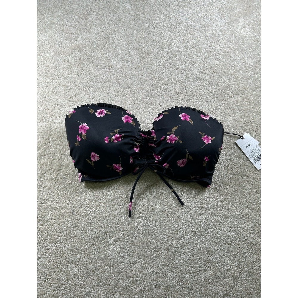 Shade & Shore Swimwear Women's Black Floral Bandeau Top 34DD Nylon
